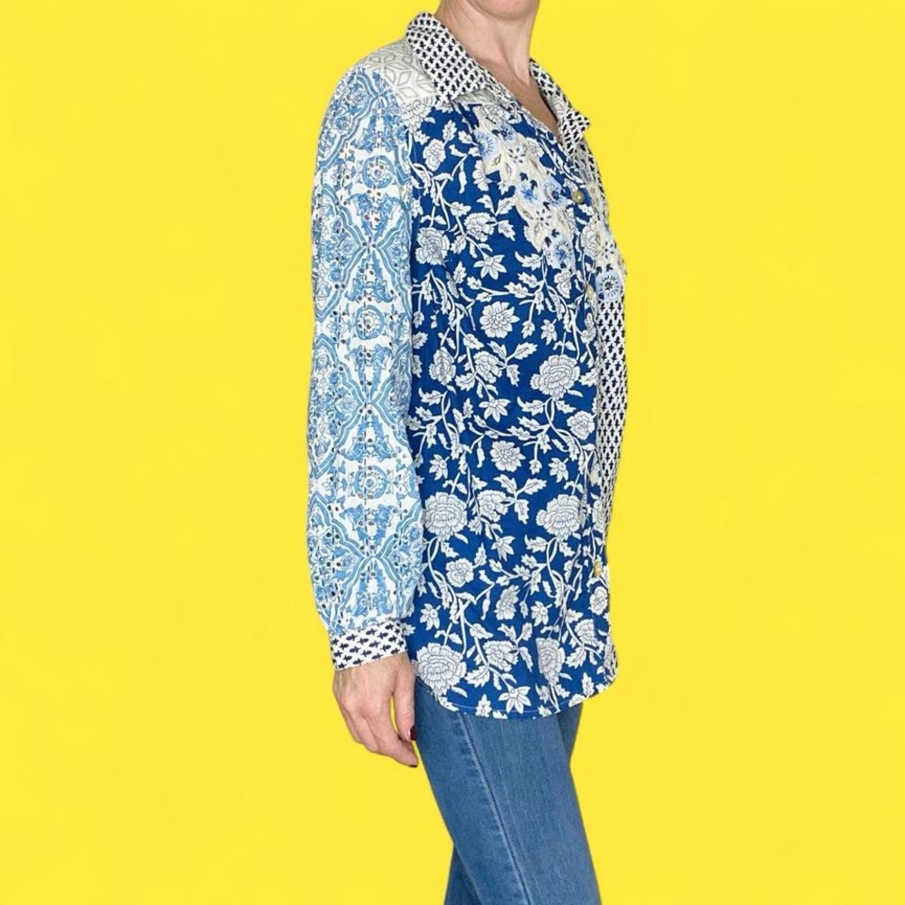 Soft Surroundings Blue & White Linen Eyelet Floral Embroidered Shirt - Picture 4 of 8